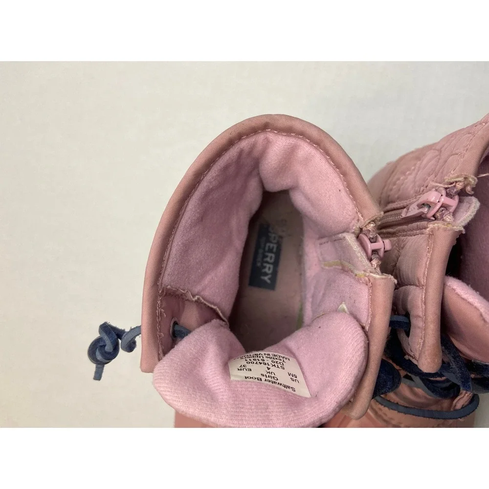 Sperry Saltwater Boots‎ Girls Pink Quilted Waterproof Lace Up Side Zip Size 5M